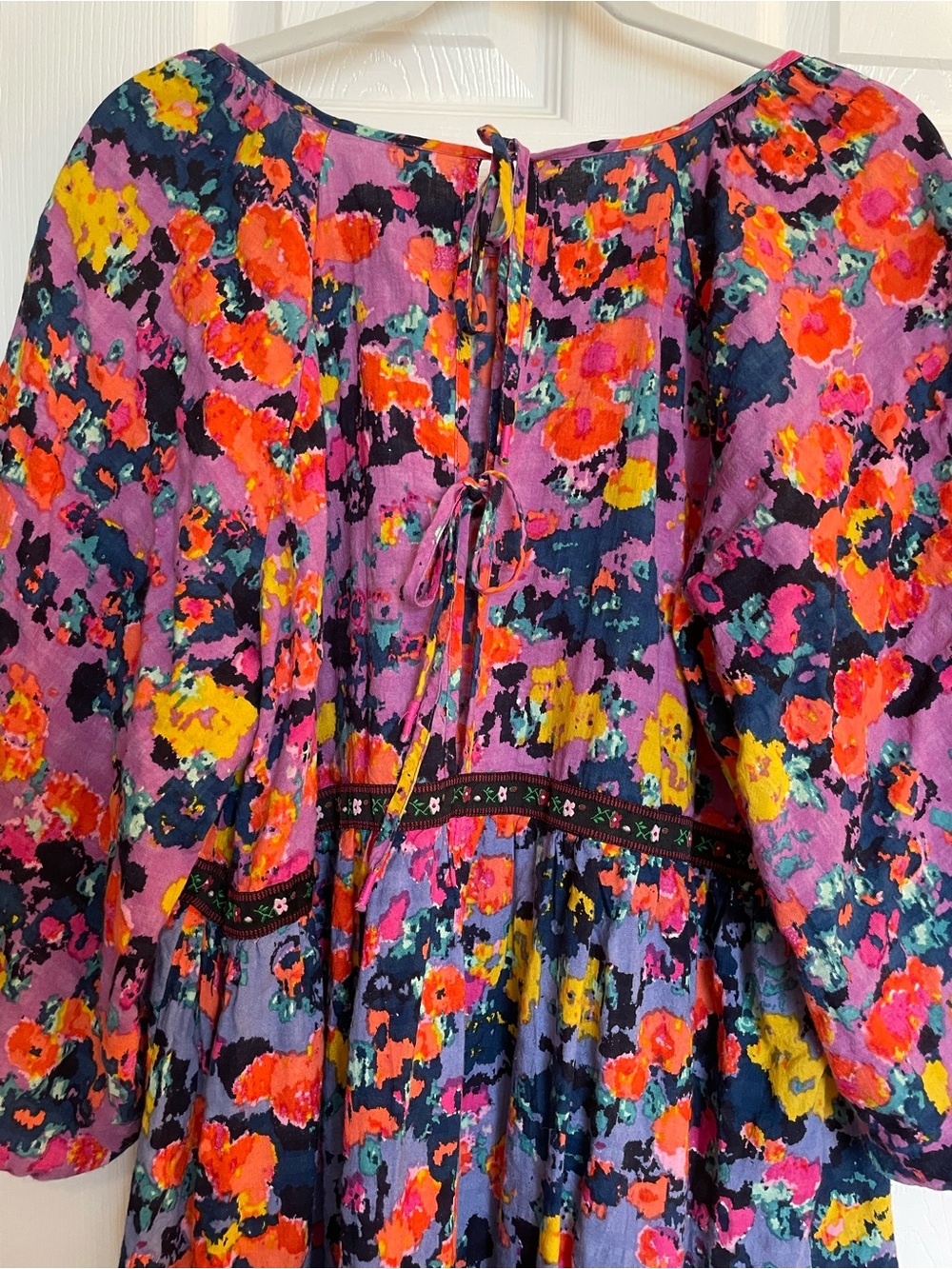 Anthropologie Purple Floral Tie-Back Blouse with Pink and Orange Accents - Picture 3 of 3